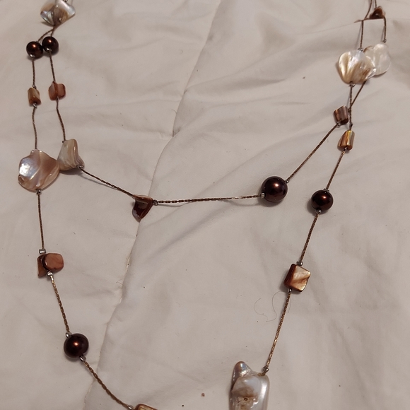 Layered necklace  w extension  brown beads and n opalescent tone shells , sturdy - Picture 5 of 5